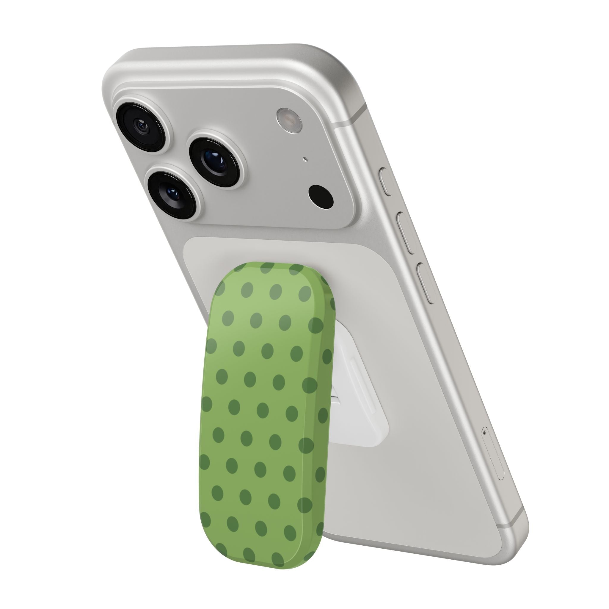 Phone case with olive polka dot grip, dual camera cutouts