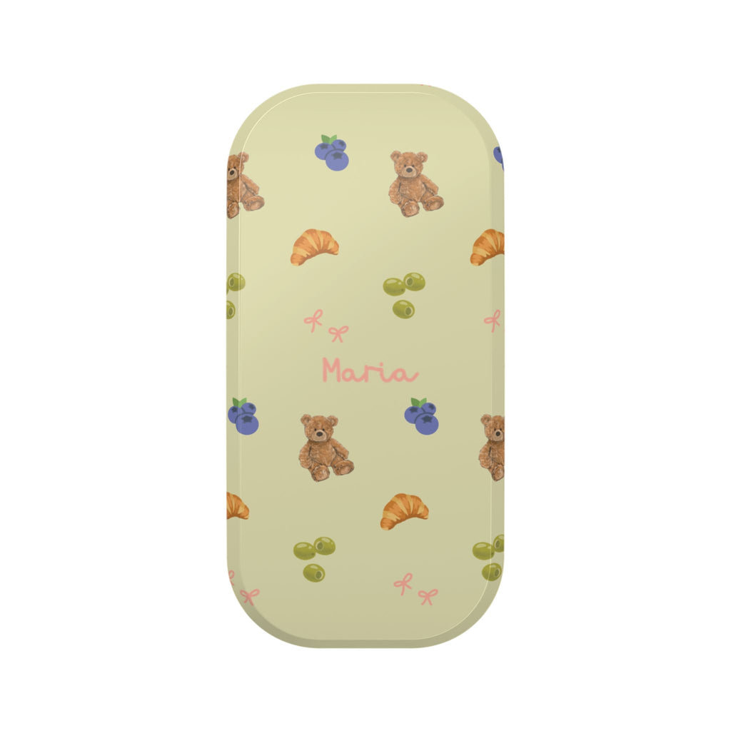 Personalized phone case with bear and shell pattern, name Maria on pale green background