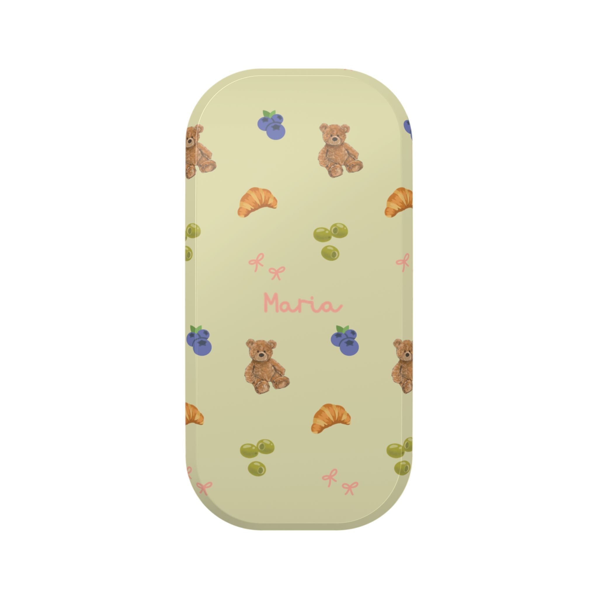 Olive phone case with teddy bears and seashell pattern, pink name Maria centered
