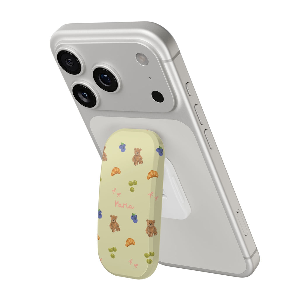 Custom phone case on gray phone, bear and shell print with name Maria
