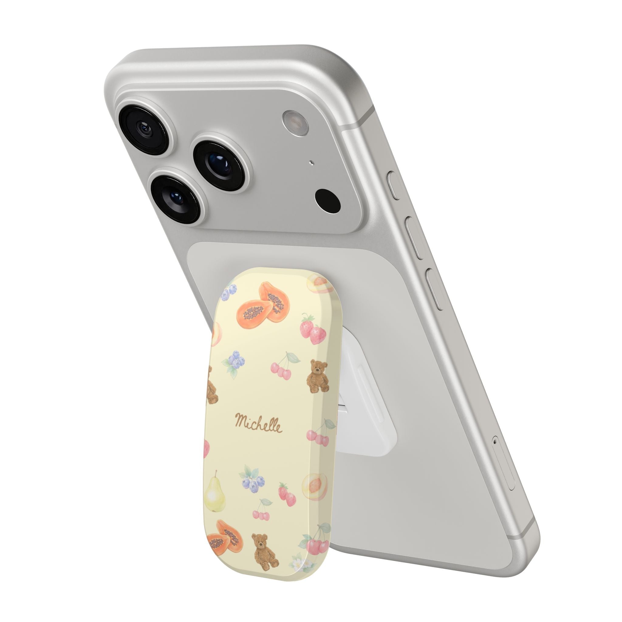 Berry bear patterned phone case with “Michelle” text, cutouts for dual cameras