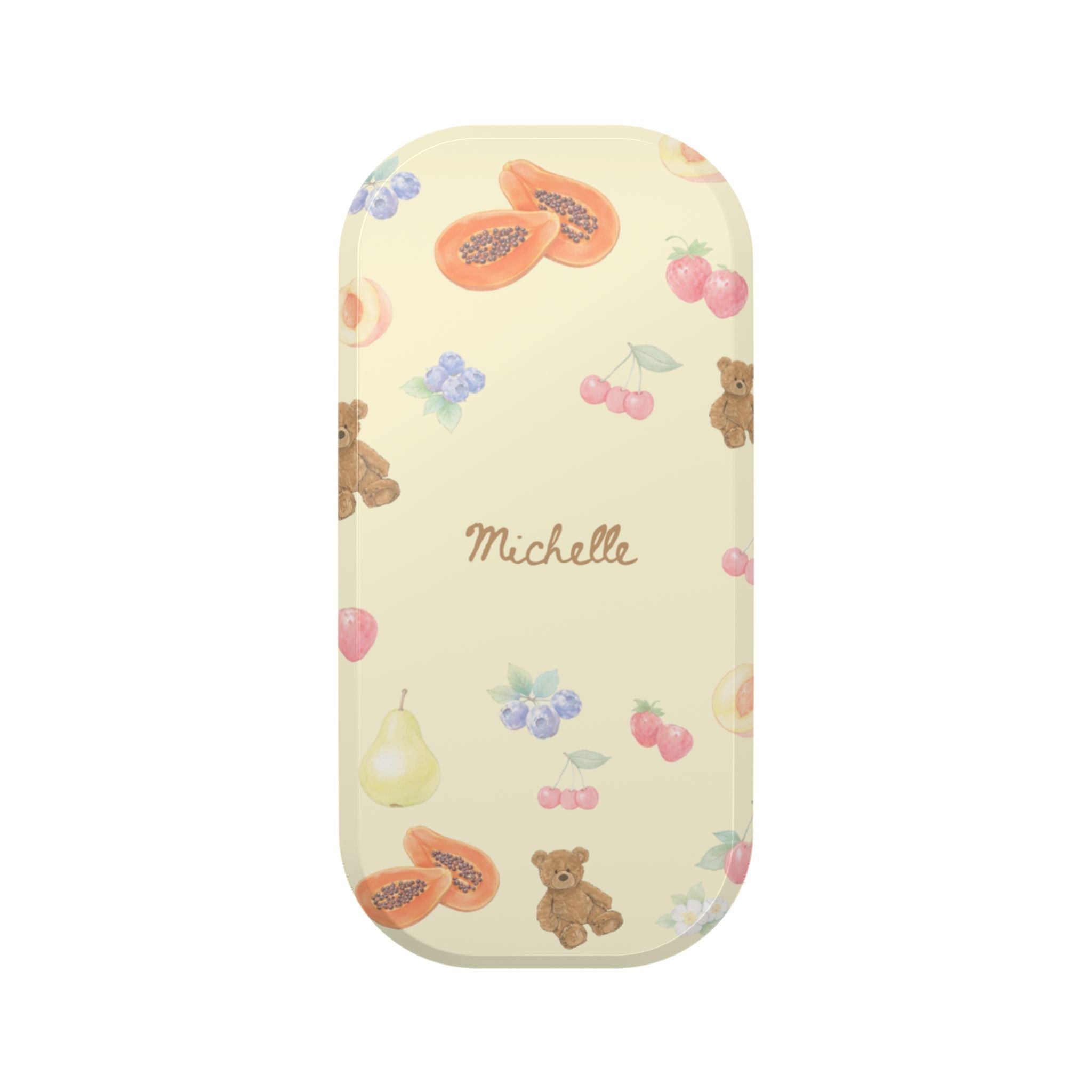 Personalized phone case with light yellow berry bear print and name “Michelle”