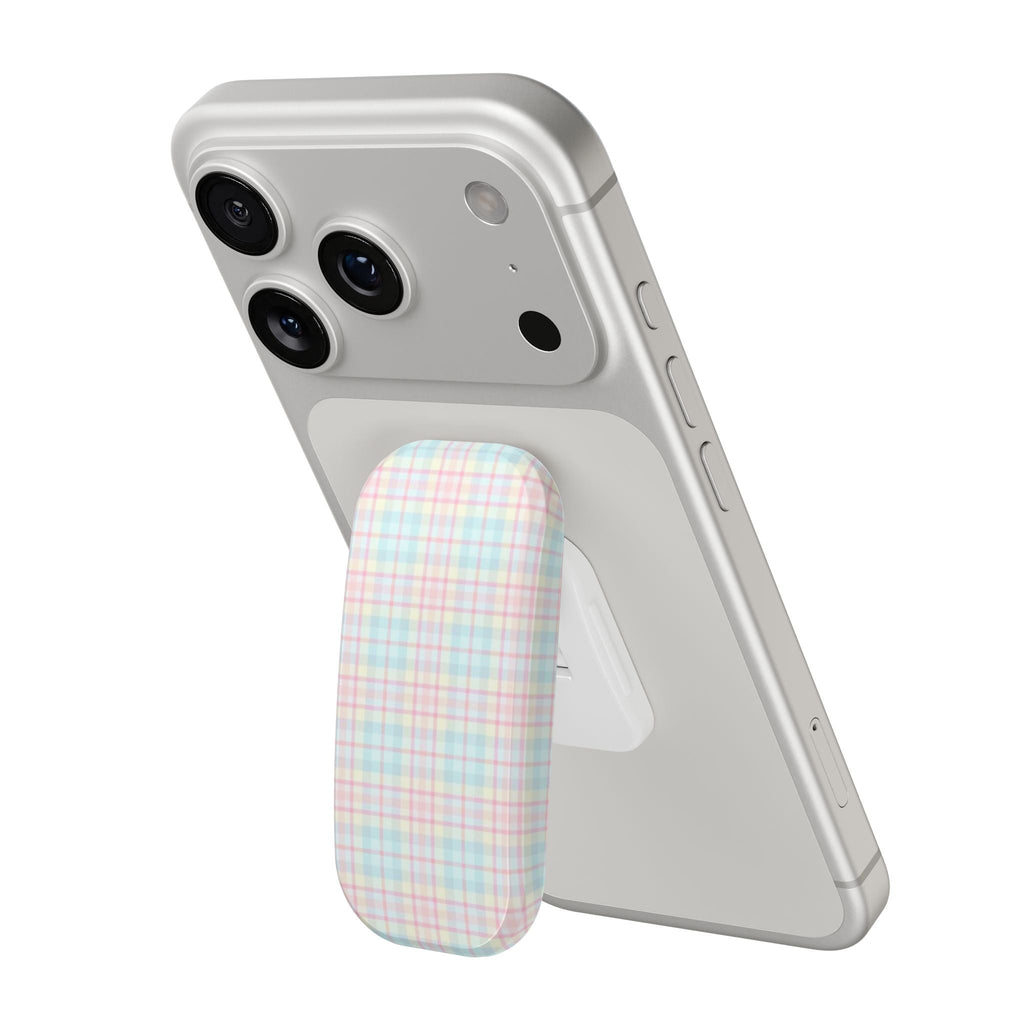 Handsfree phone grip with pastel plaid sleeve on light gray phone case