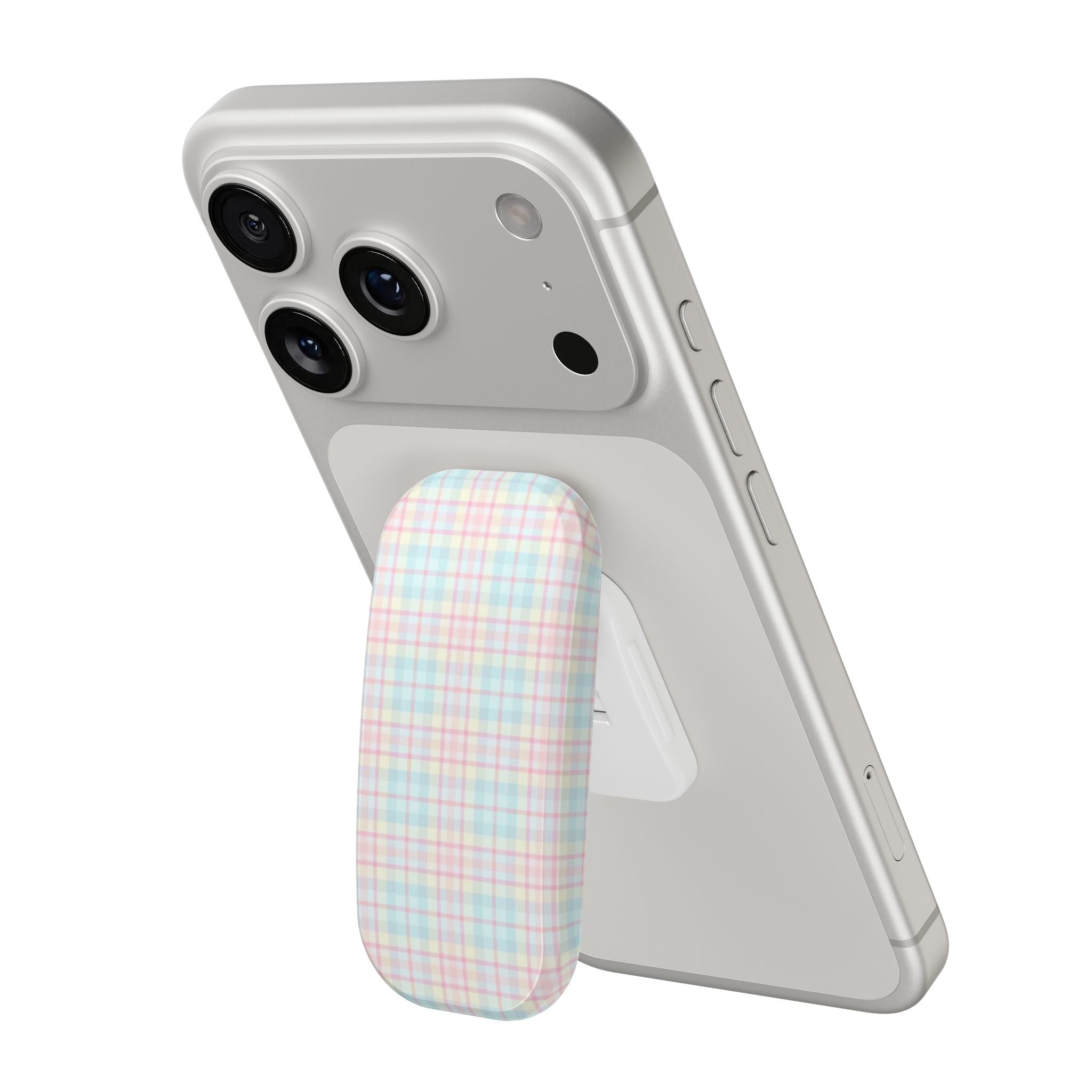 Handsfree phone grip with pastel plaid sleeve on light gray phone case