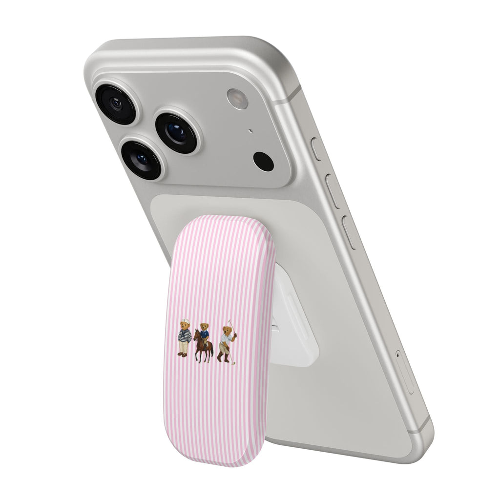 Pink striped phone case with teddy bear design on the back panel