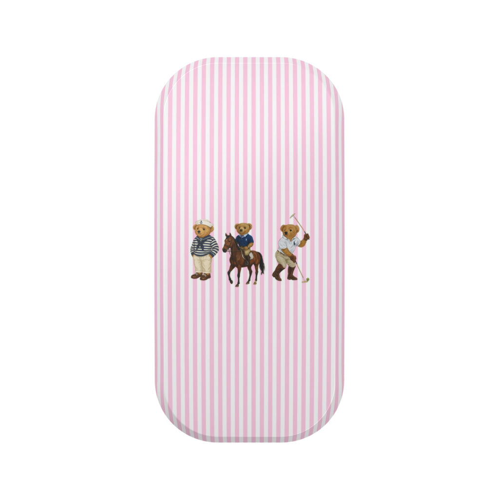 Pink-and-white striped phone case sleeve with three teddy bear charms