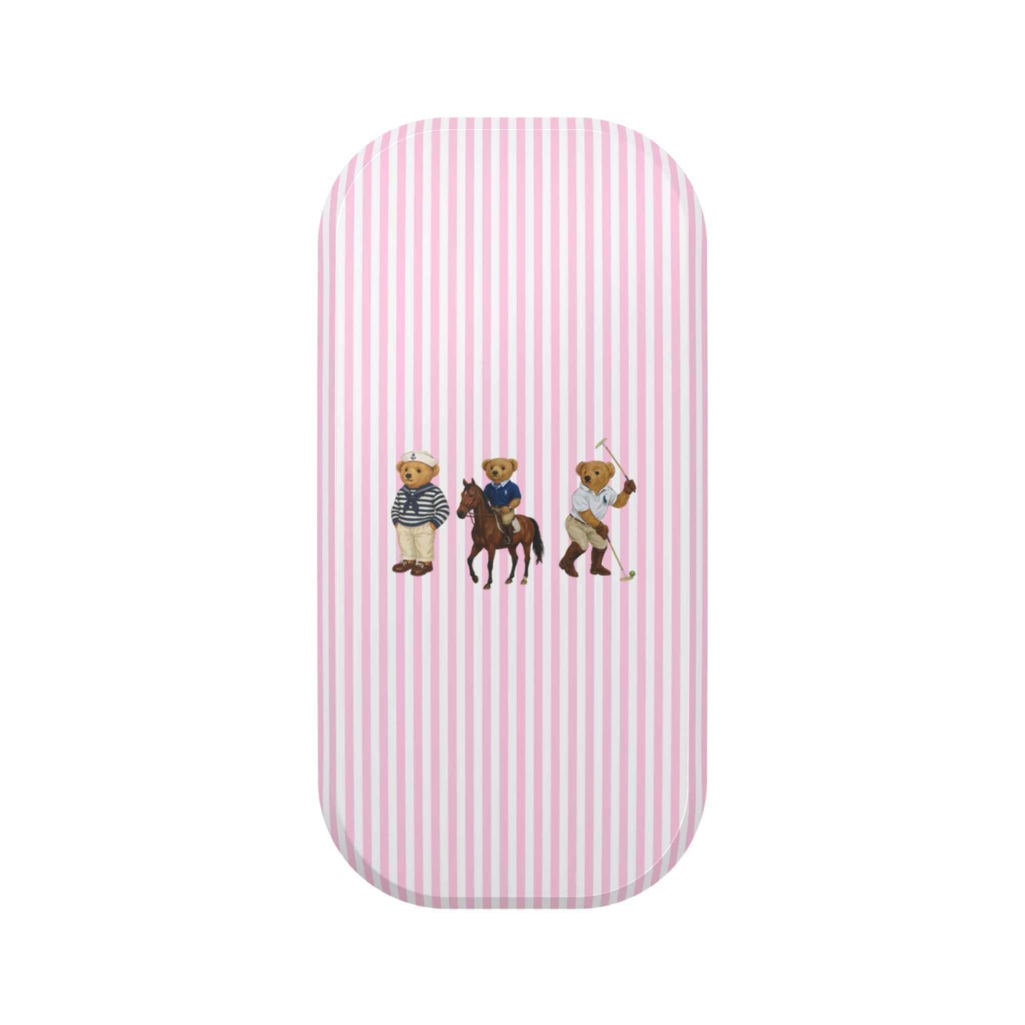 Pink-and-white striped phone case sleeve with three teddy bear charms