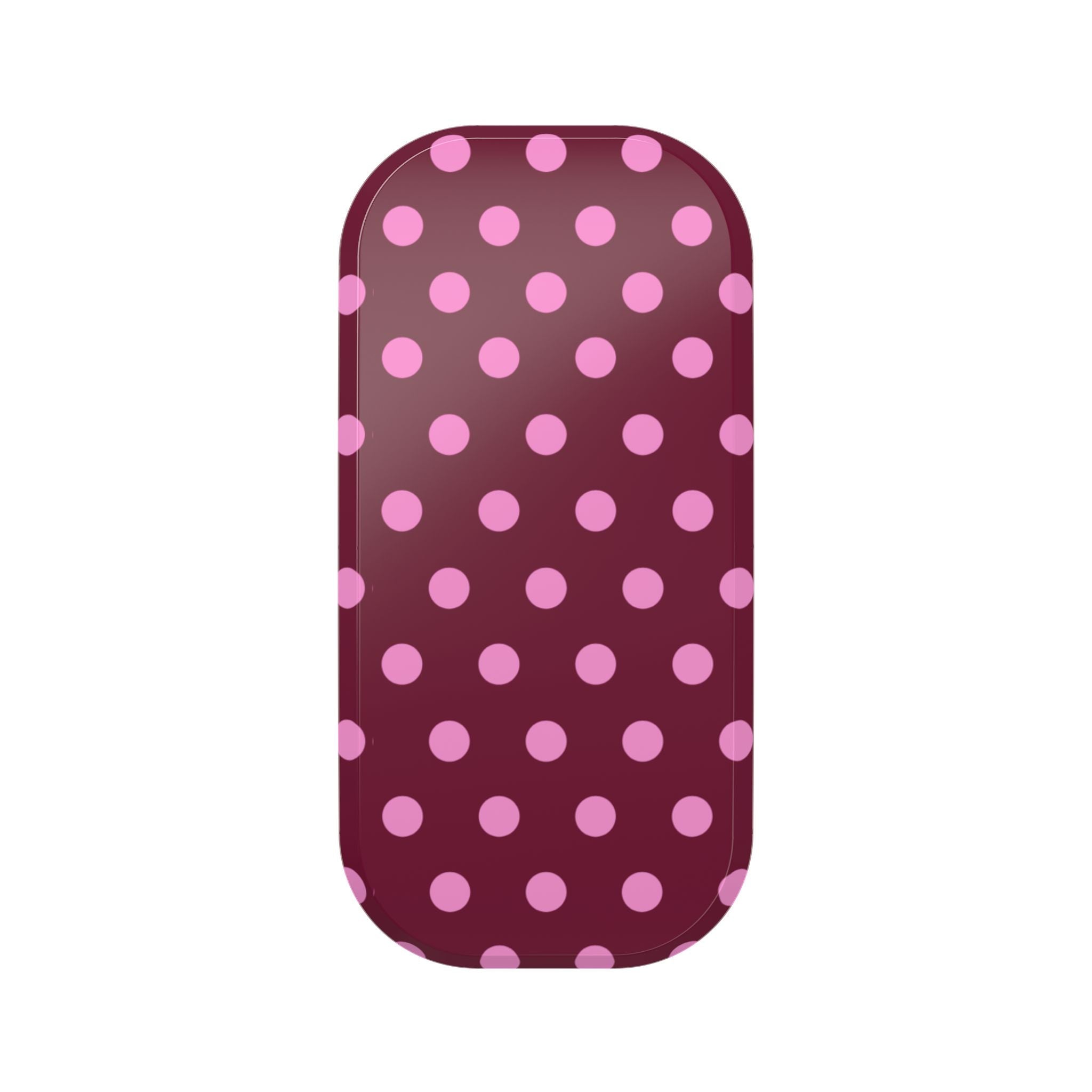 Phone grip sleeve with raspberry polka dots, rounded shape