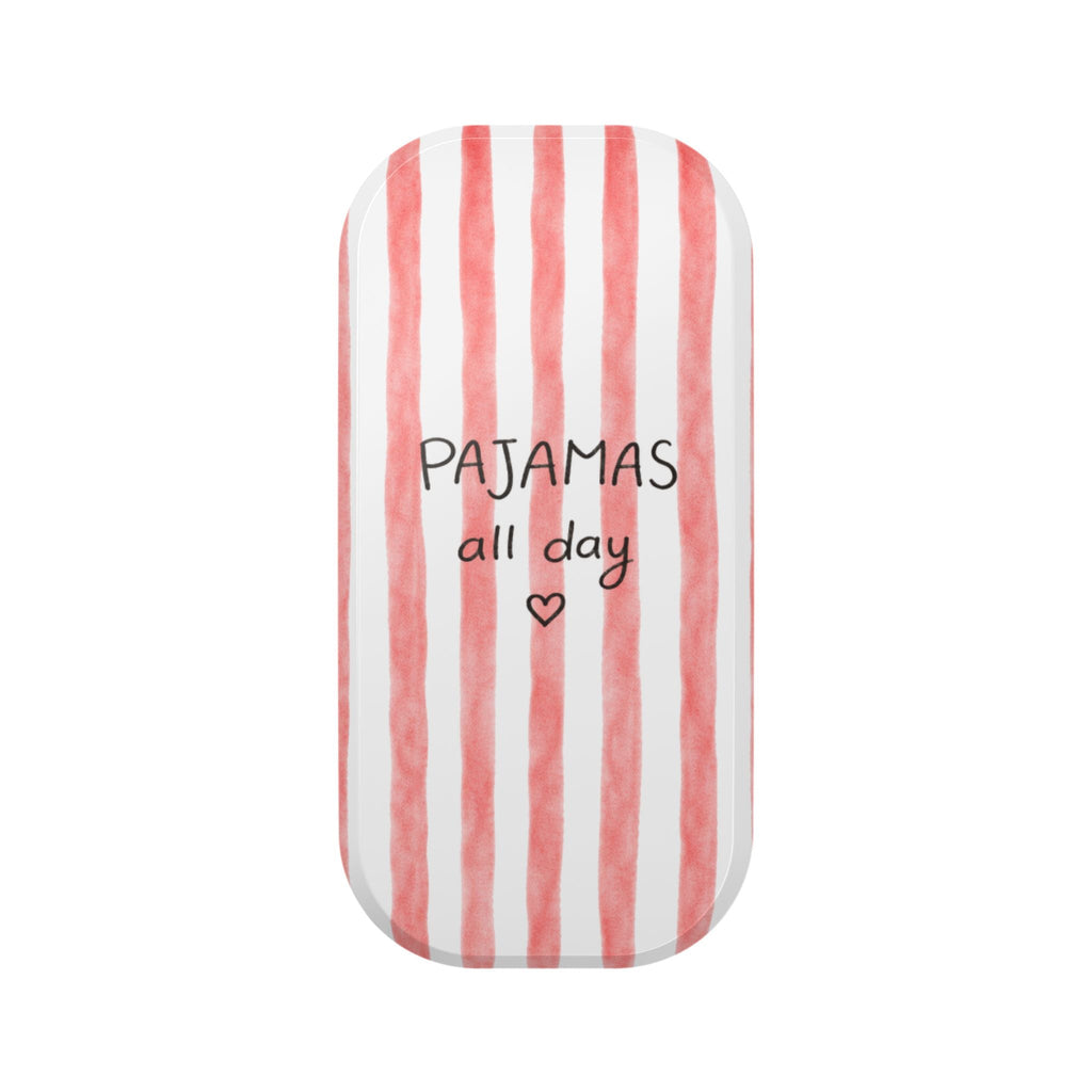 Red-and-white striped pajama print fabric with “PAJAMAS all day” text and heart