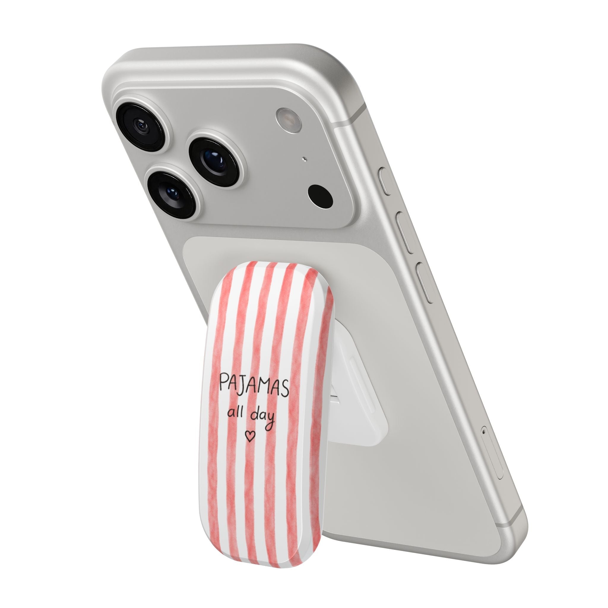 Phone case with red-and-white striped fabric grip pad reading “PAJAMAS all day”