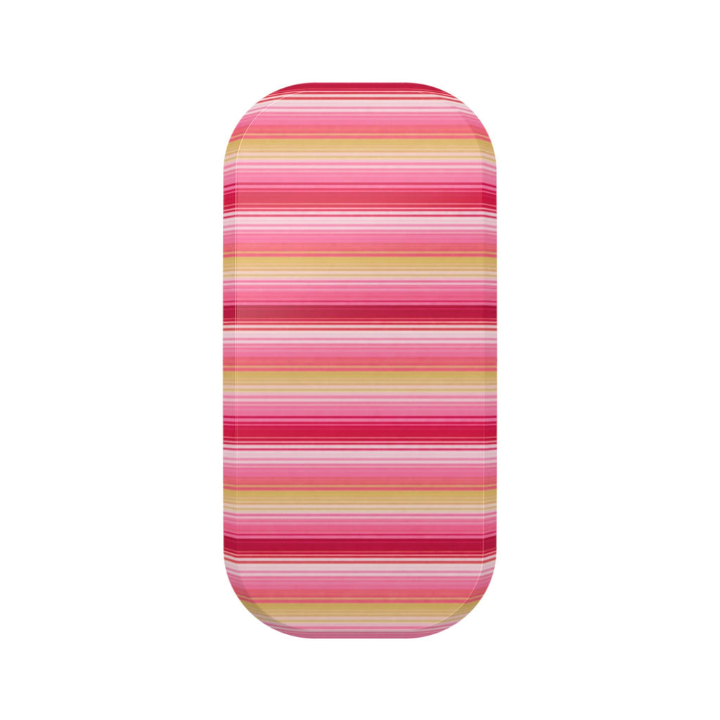 Striped phone grip accessory in pink, yellow, and red horizontal bands