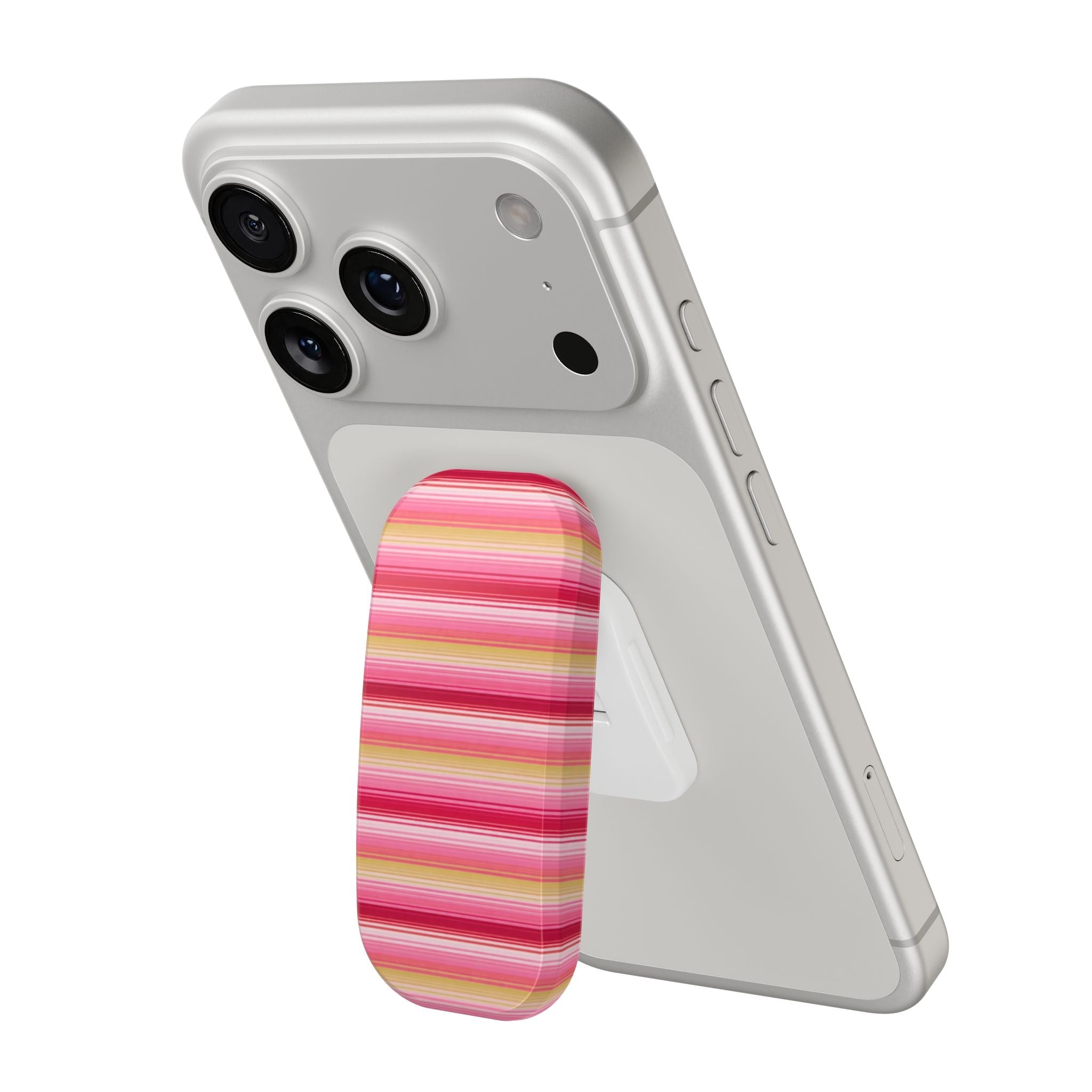 Phone case with hands-free click grip, pink striped sleeve on back