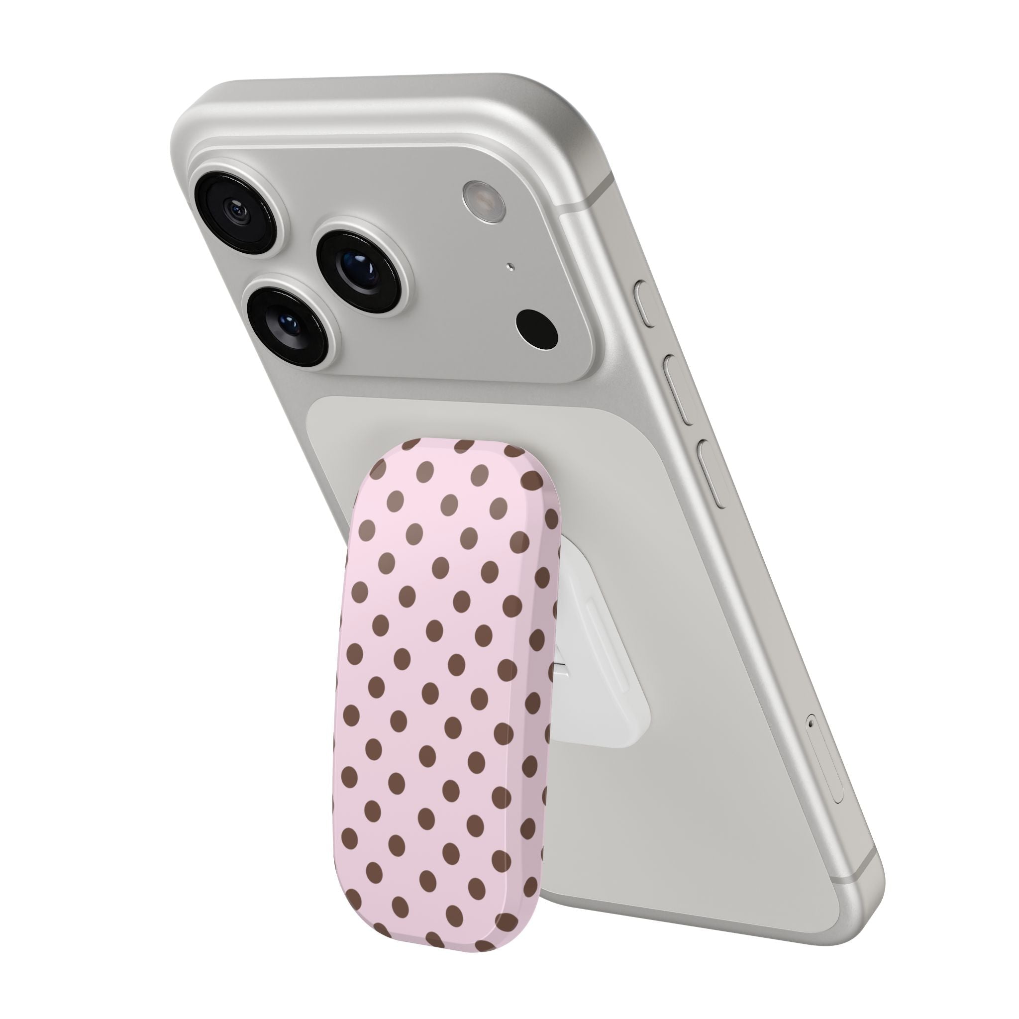 Phone case with pink polka-dot grip sleeve and brown dot pattern