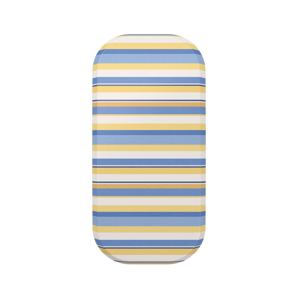 Phone case with handsfree grip, blue and yellow horizontal stripes