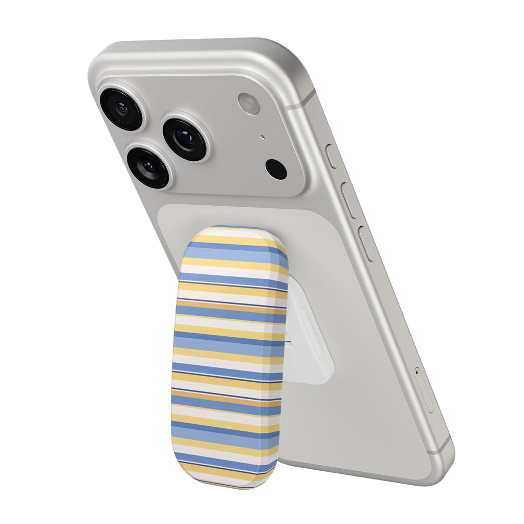 Phone case with blue and yellow striped grip on light gray back, camera cutouts