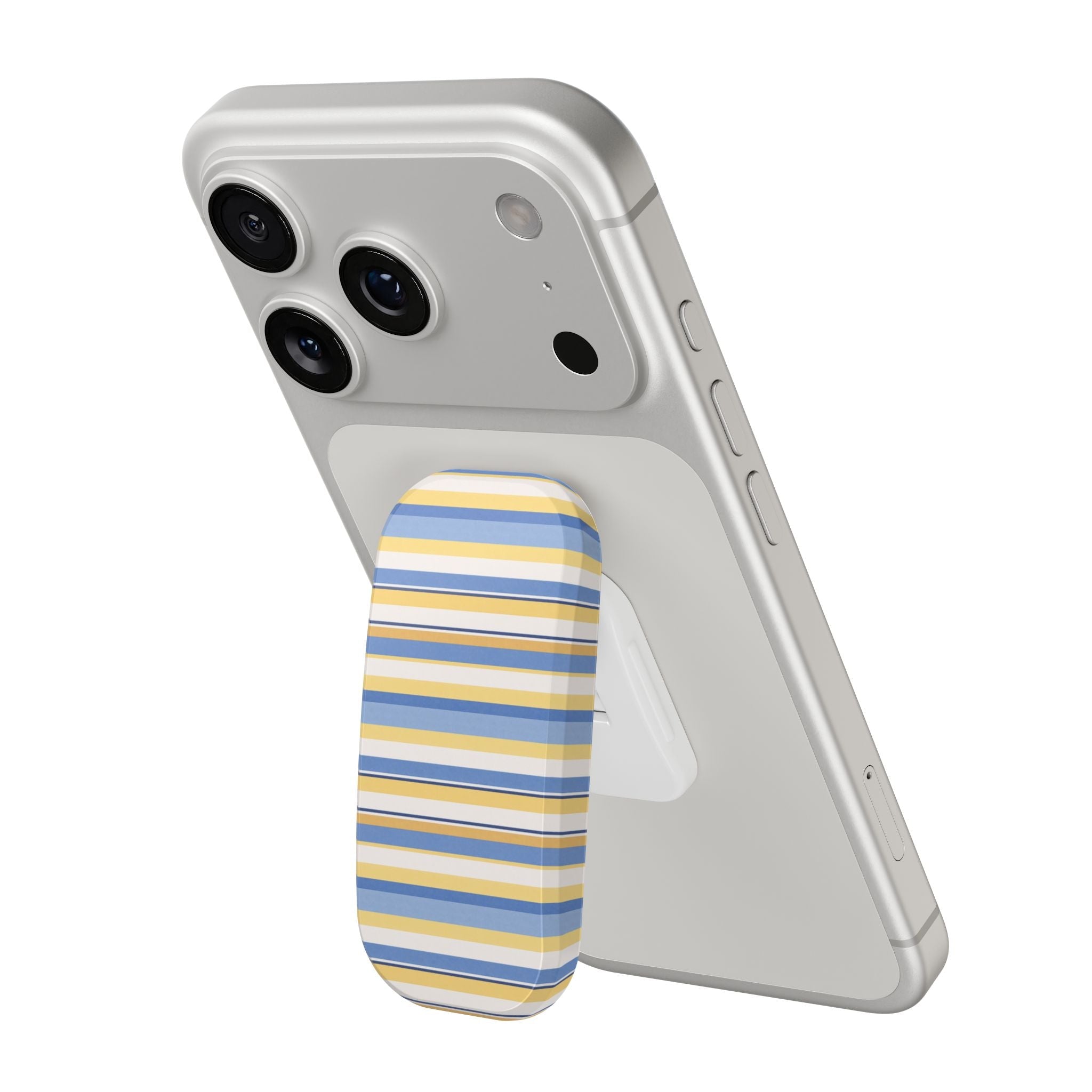 Phone case with blue and yellow striped grip on light gray back, camera cutouts