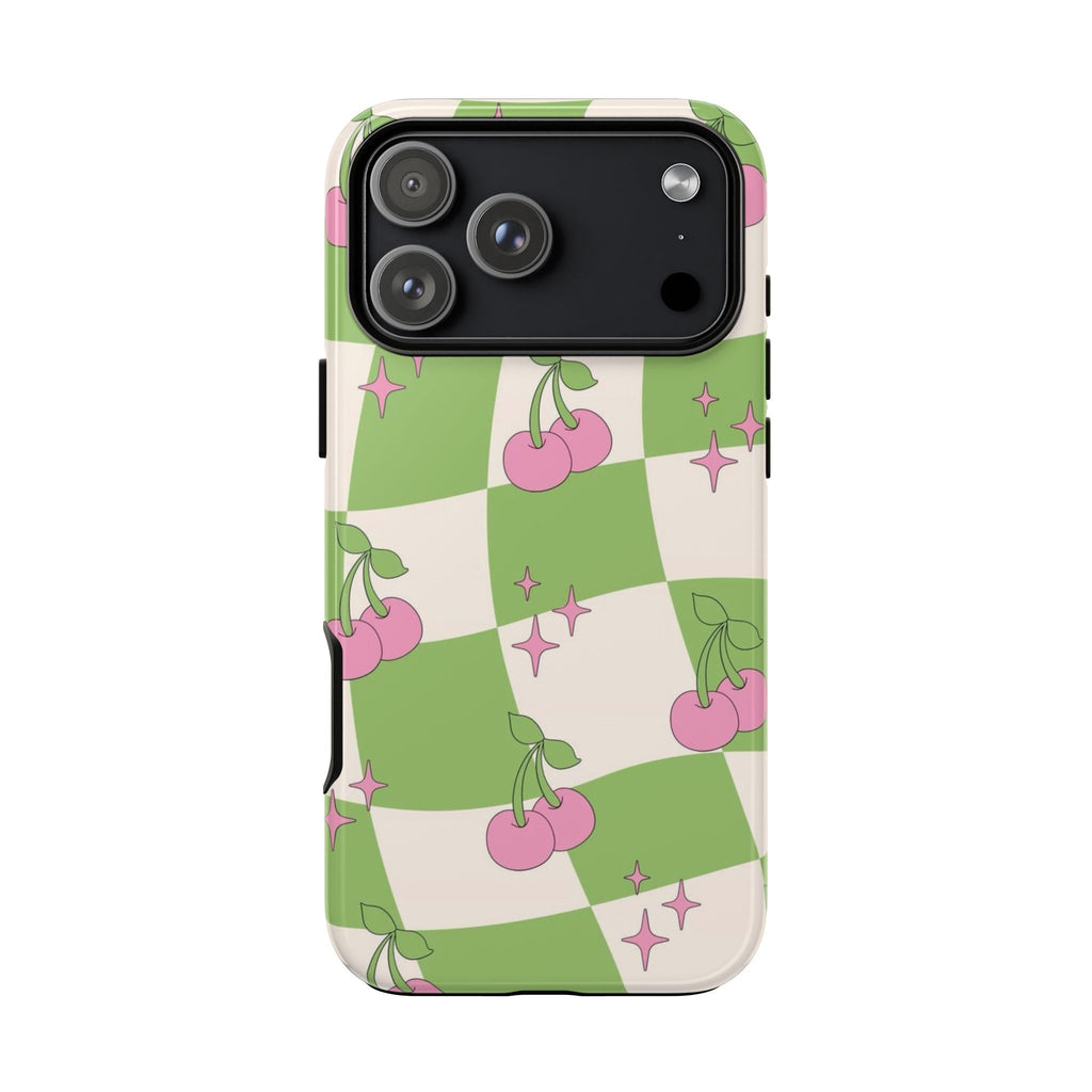 Green and cream checker phone case with pink cherries and stars, camera cover