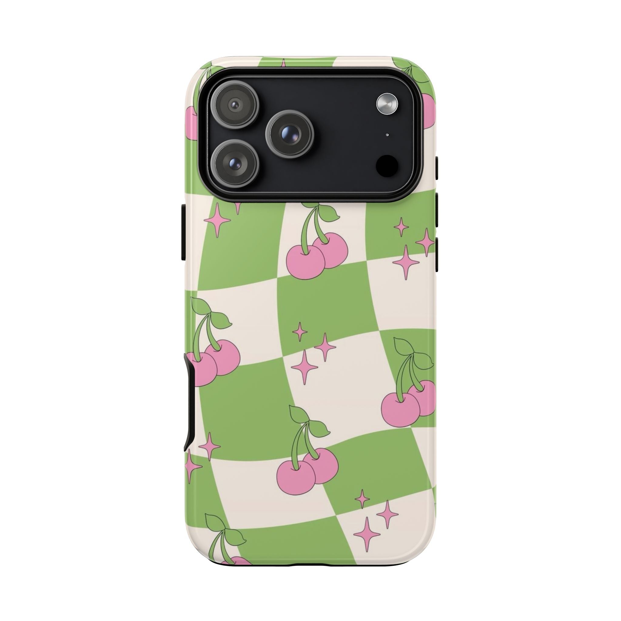 Green and cream checker phone case with pink cherries and stars, camera cover