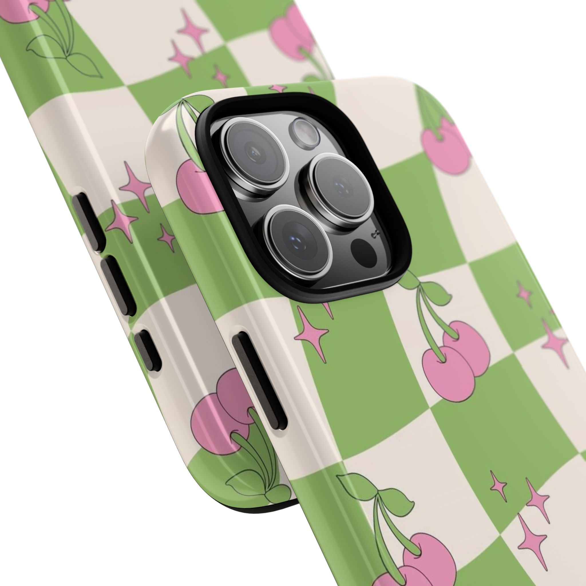 Close-up: pink cherry check phone case over camera lenses, star and cherry details