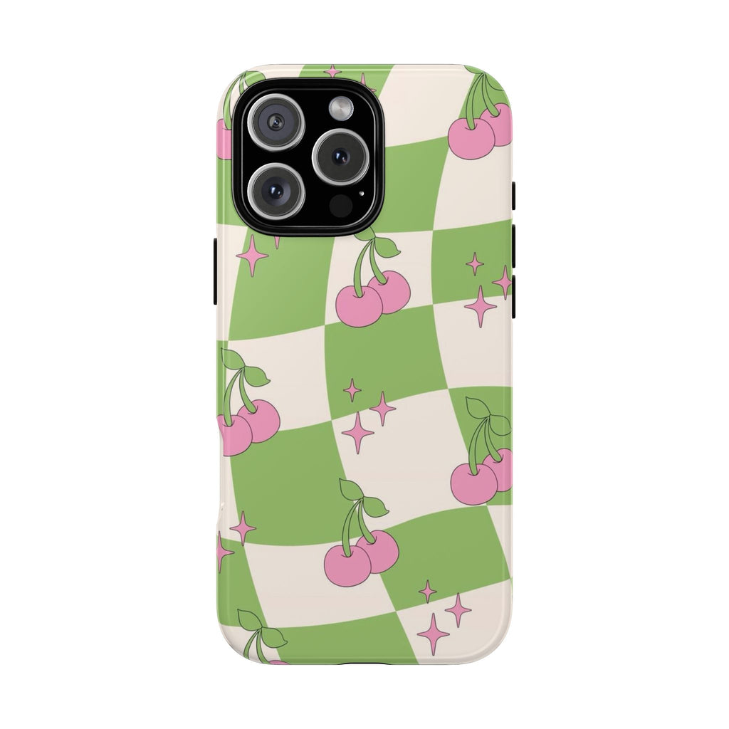 Pink cherry grid phone case with star accents, snug camera cutouts