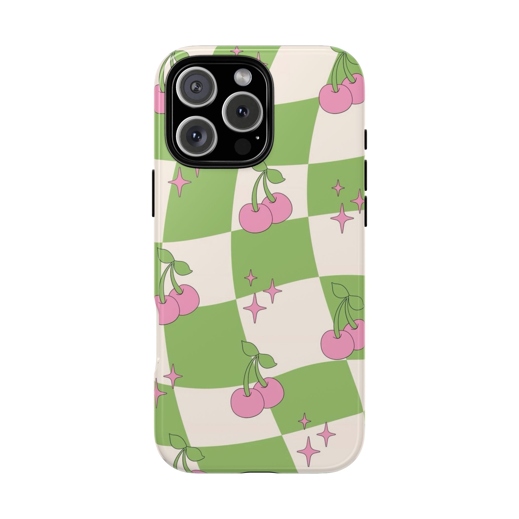 Pink cherry grid phone case with star accents, snug camera cutouts