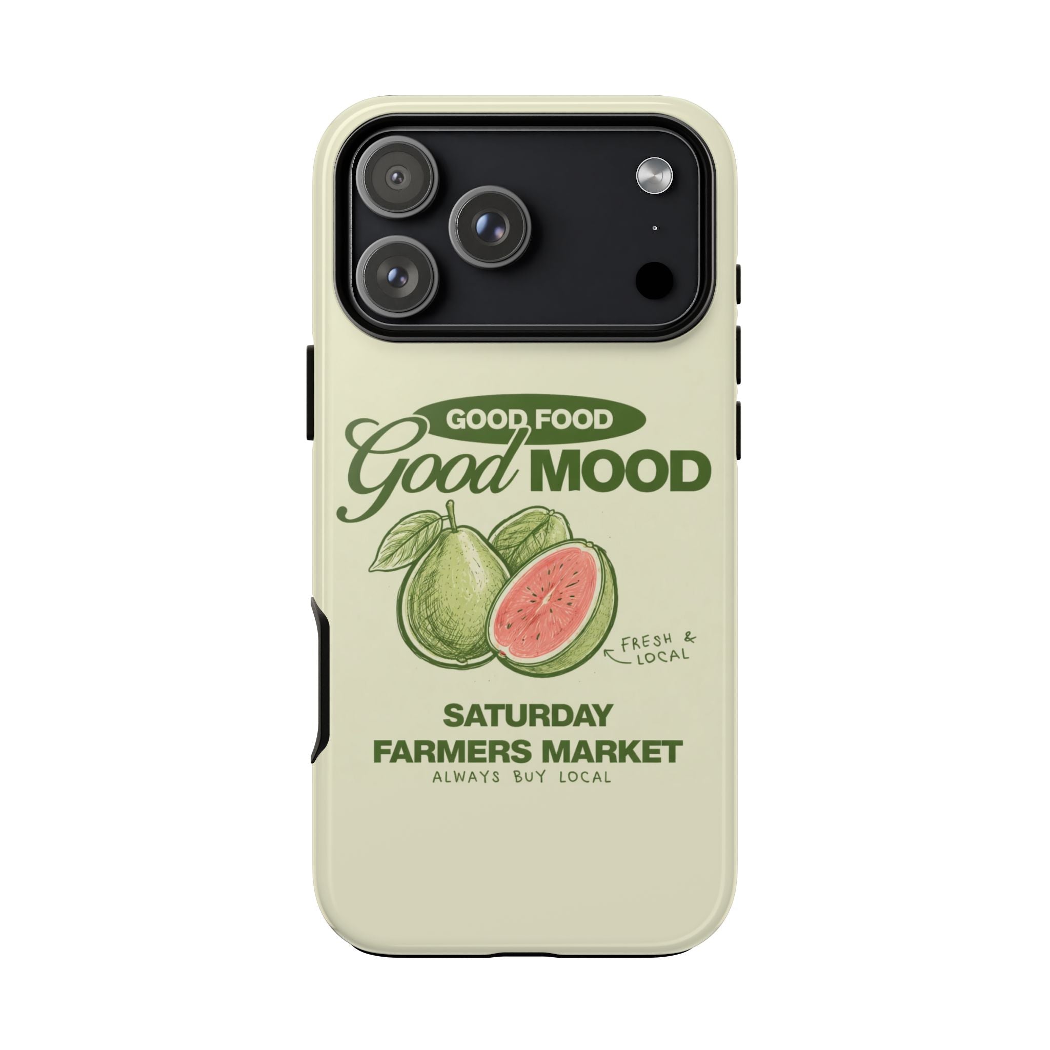 Cream phone case with Good Food Good Mood logo, black camera panel, cutouts