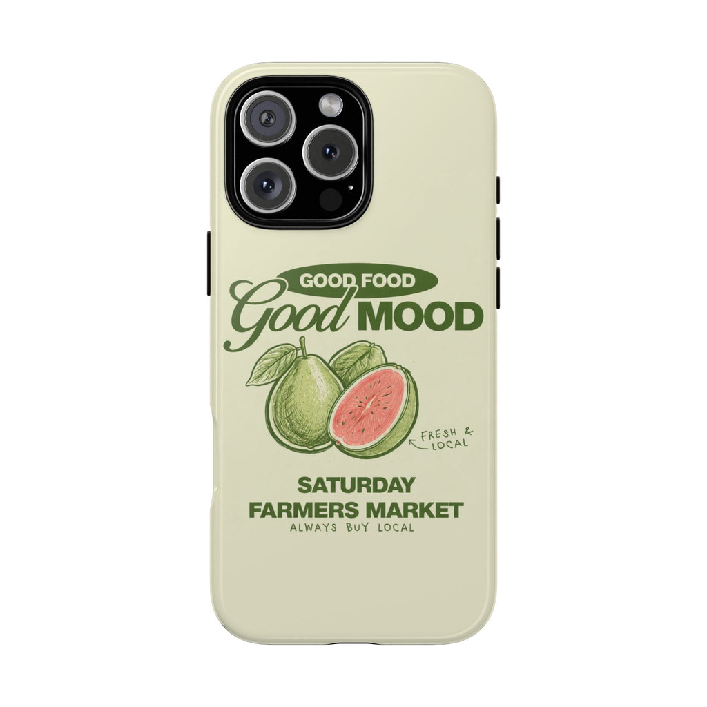 Light cream phone case, Good Mood fruit graphic, camera cutouts