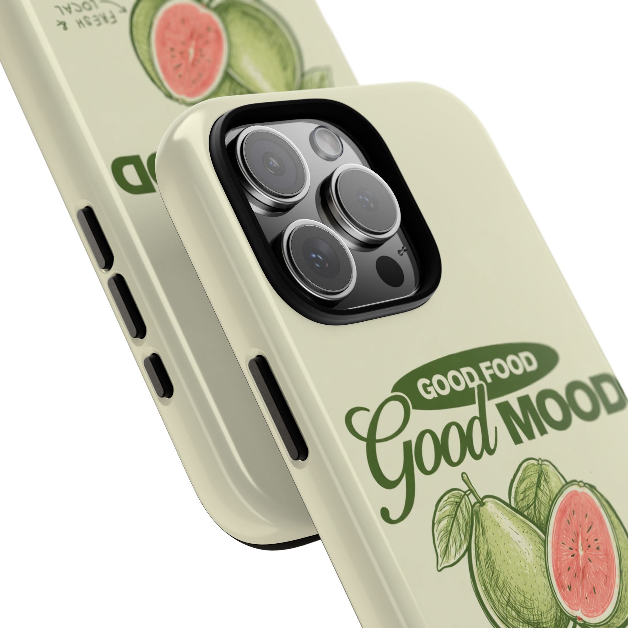 Cream phone case with Good Mood fruit art, side buttons and raised camera lenses