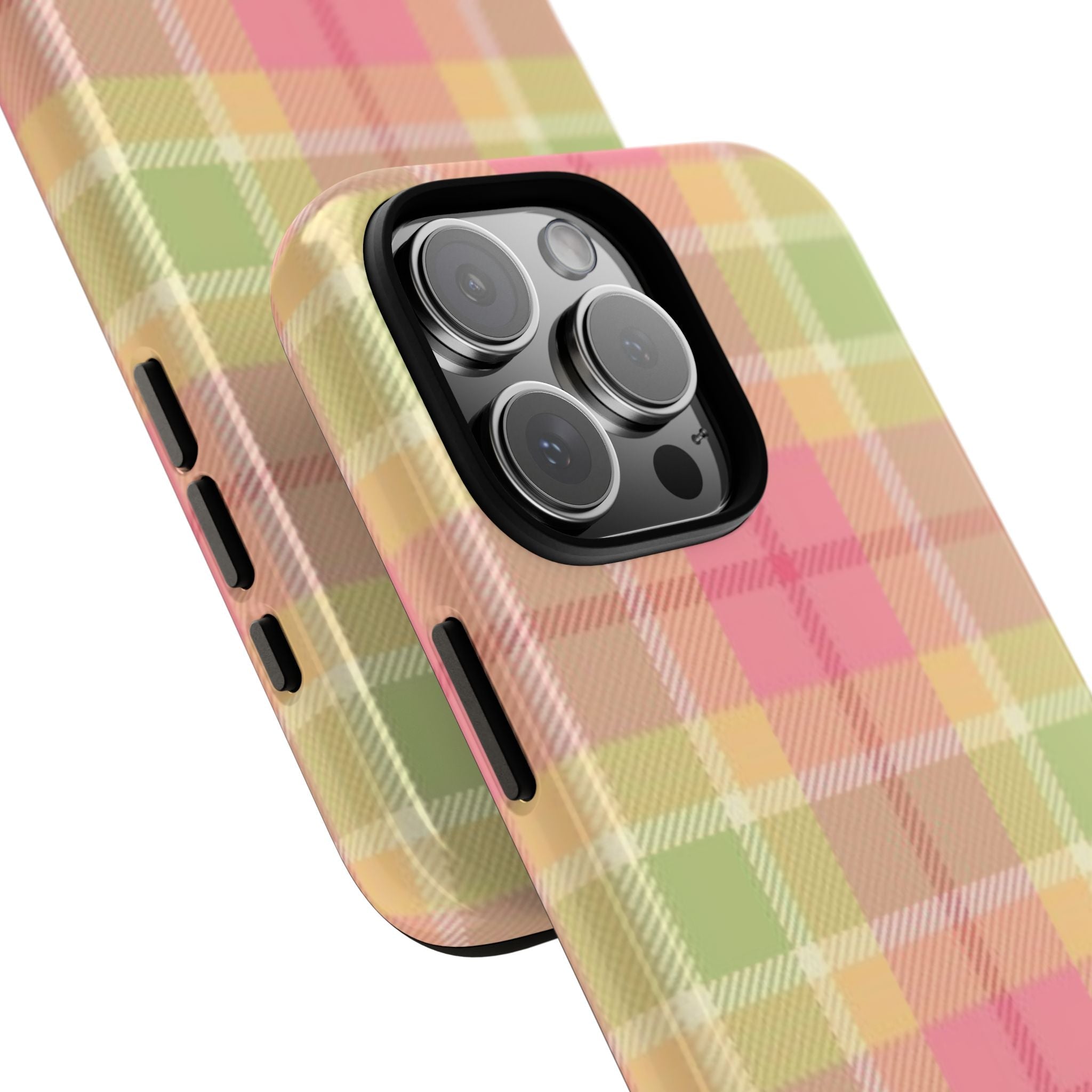 Guava plaid phone case angled, pastel check pattern with side button cutouts