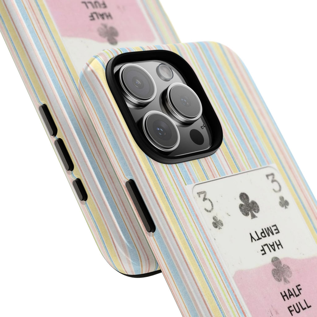 Angled pastel stripe phone case with “HALF FULL” lucky card print and camera frame