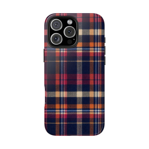 Plaid phone case with camera cutouts, dark navy red tan check pattern