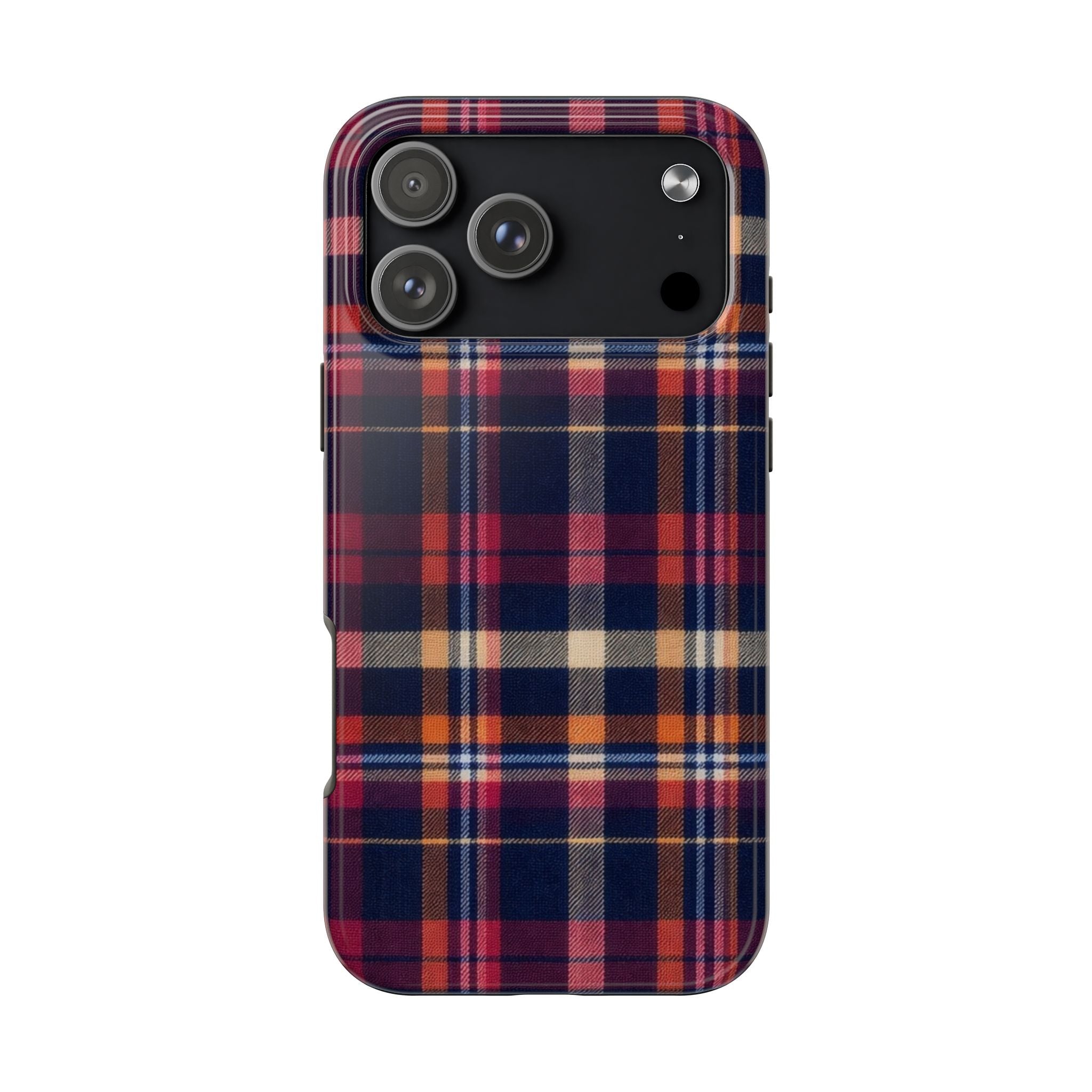 Plaid phone case, dark navy red tan tartan pattern with camera cutouts
