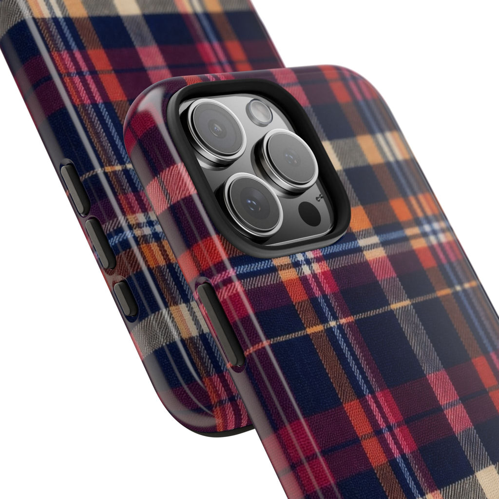 Plaid phone case angled view, raised camera rings and dark navy red tan checks