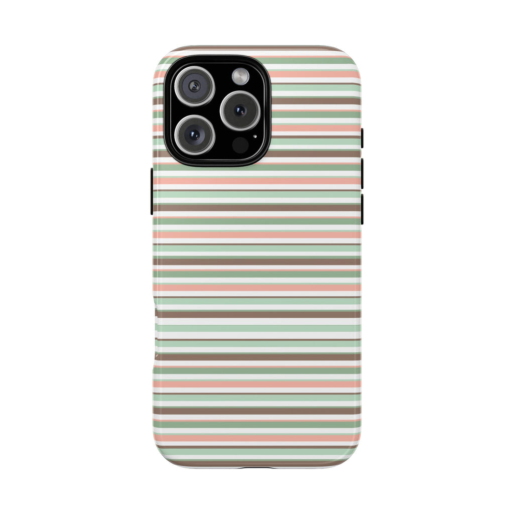Phone case with horizontal striped pattern (green, coral, white); camera cutout