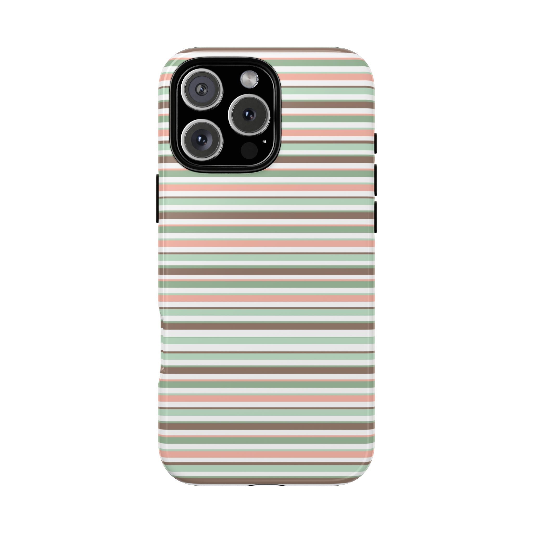 Phone case with horizontal striped pattern (green, coral, white); camera cutout