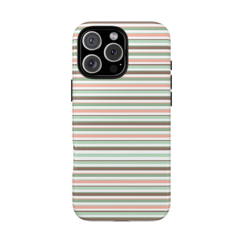 Phone case with horizontal striped pattern (green, coral, white); camera cutout