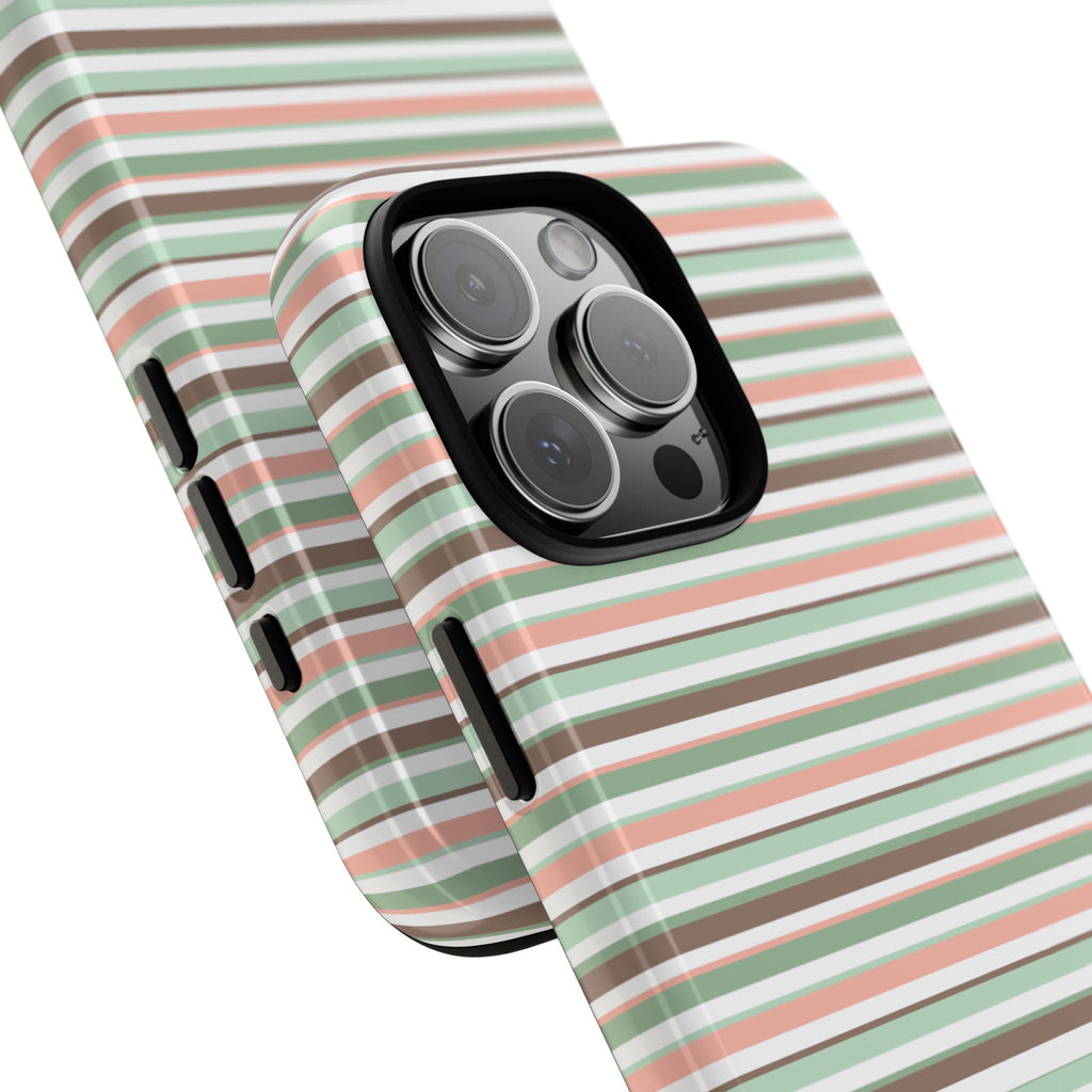Phone case with striped back; side button cutouts and triple-lens camera opening