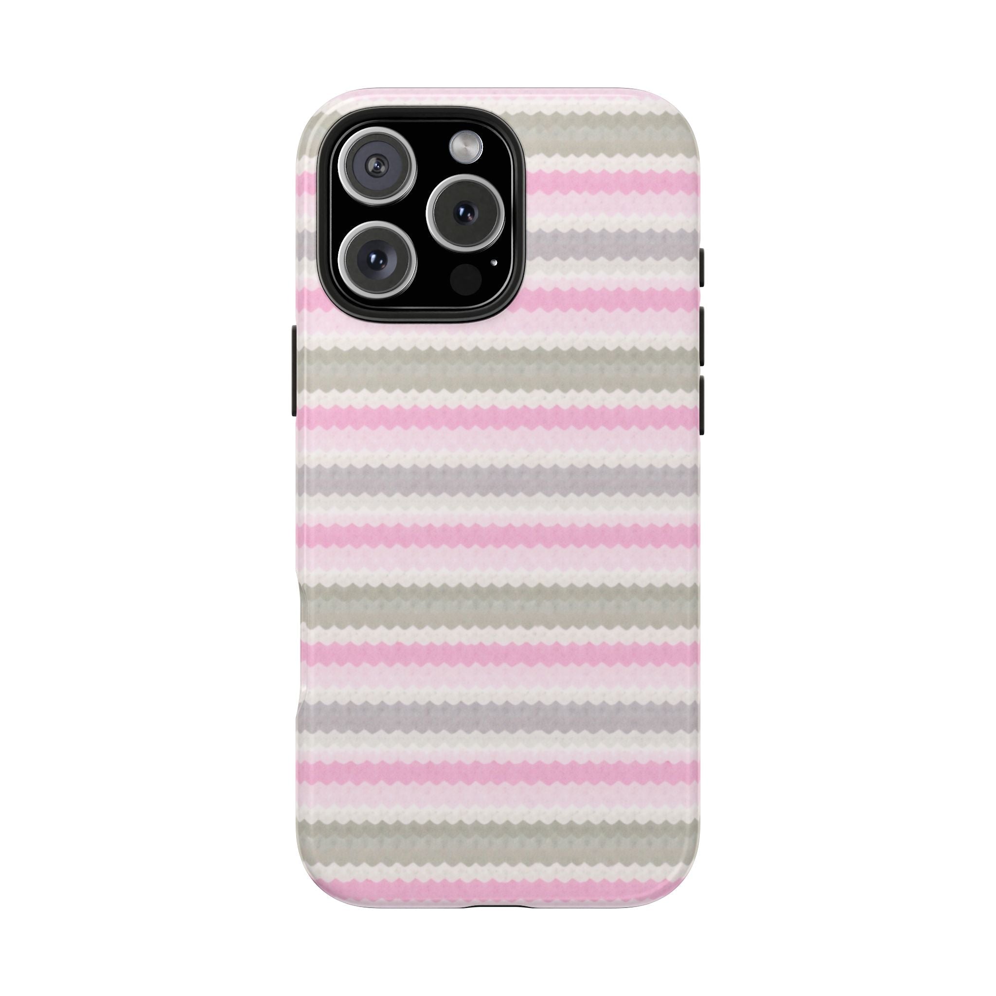 Back of pink, cream and gray striped phone case with camera cutout and side openings