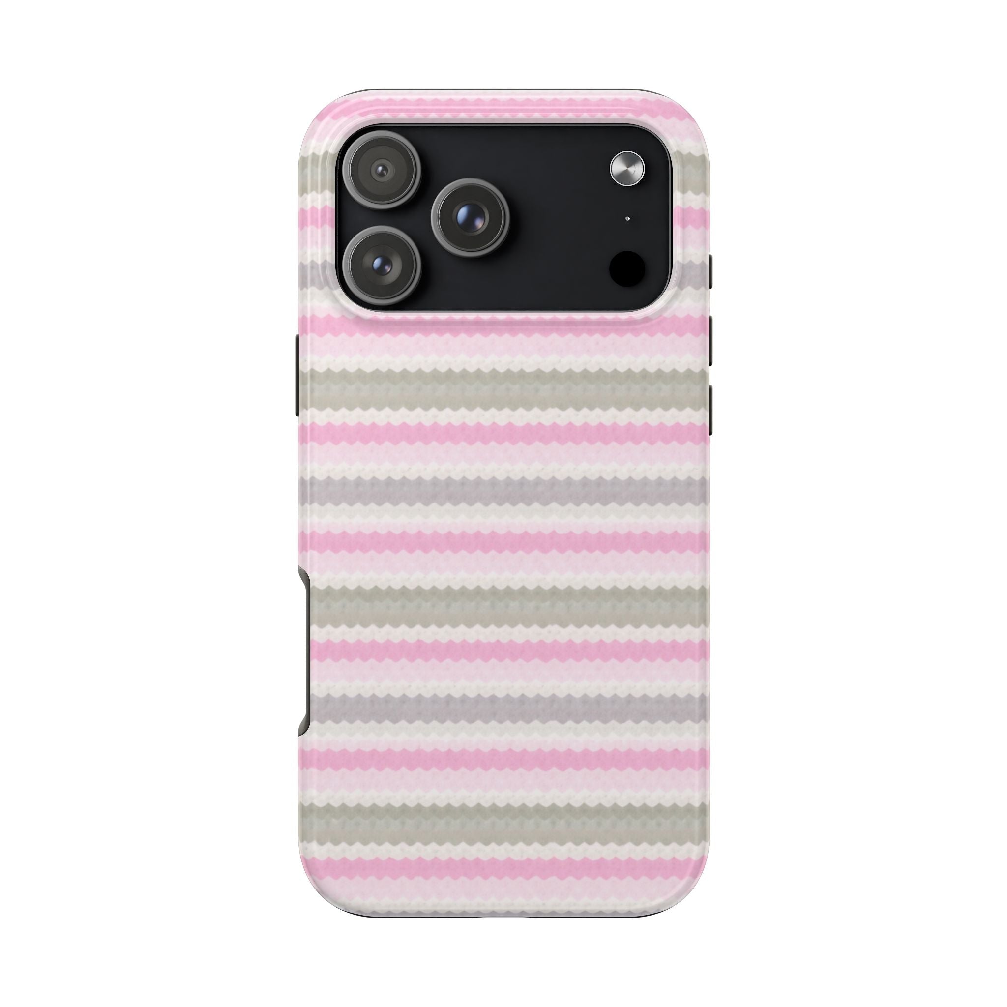 Phone case with pink, cream and gray horizontal stripes; camera and flash cutouts