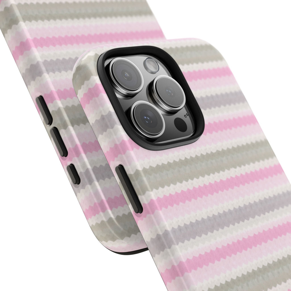 Angled pink, cream and gray striped phone case showing camera lens protection rings