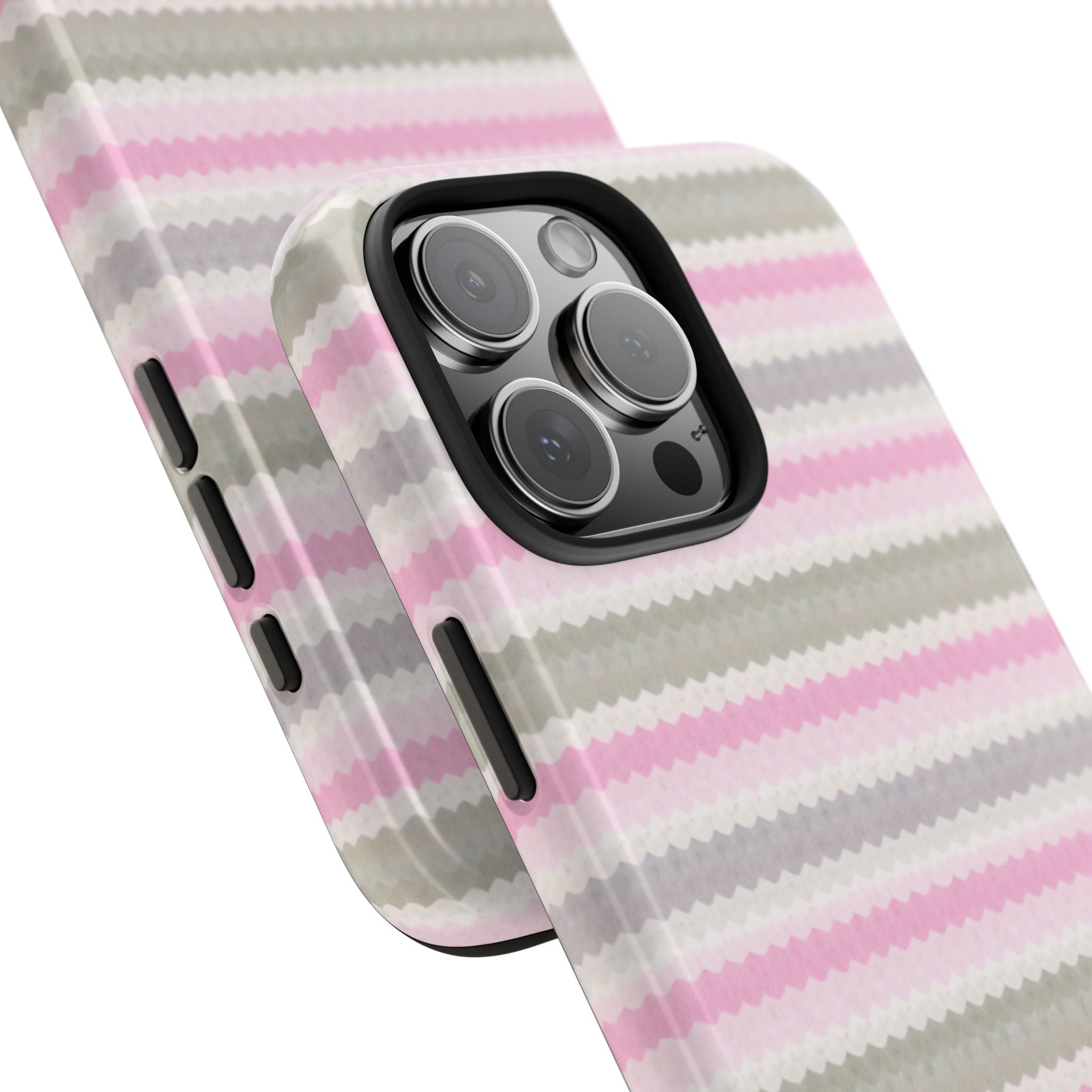 Angled pink, cream and gray striped phone case showing camera lens protection rings