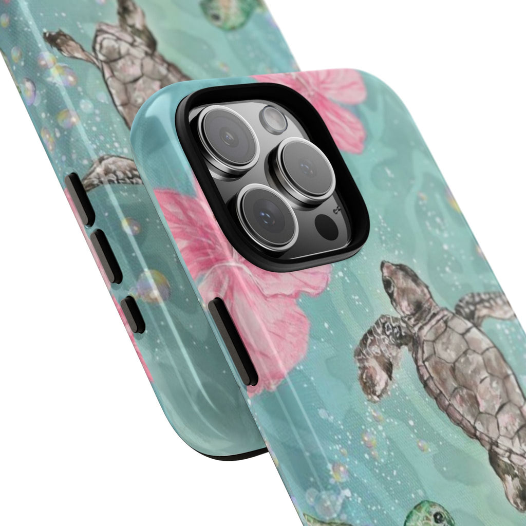 Hawaii sea turtles phone case angled view, mint blue design with pink flowers and turtle