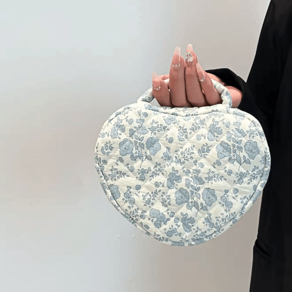 Blue floral heart quilted bag with gathered top handle