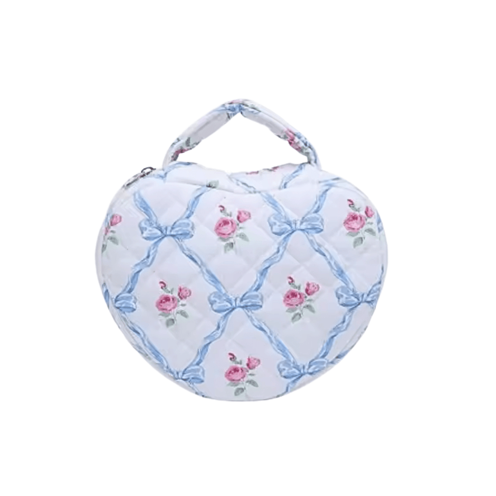 Blue bow heart quilted bag with pink rose floral accents
