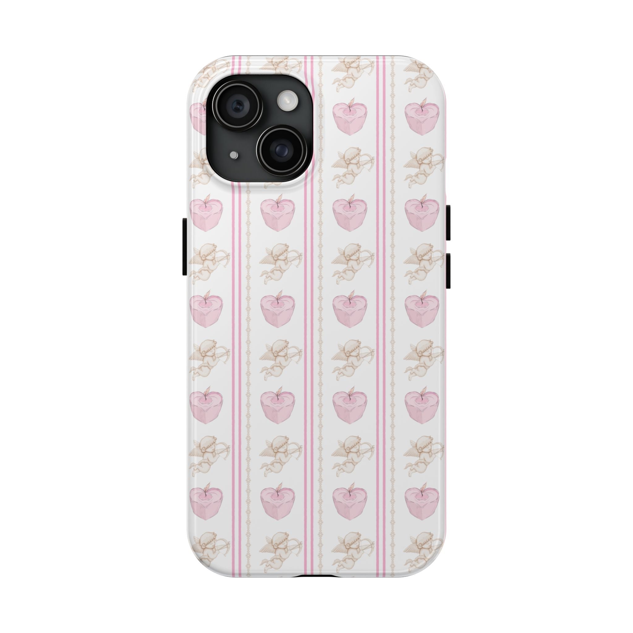 Heart and Cupid pattern phone case with pink striped design and hearts, light background