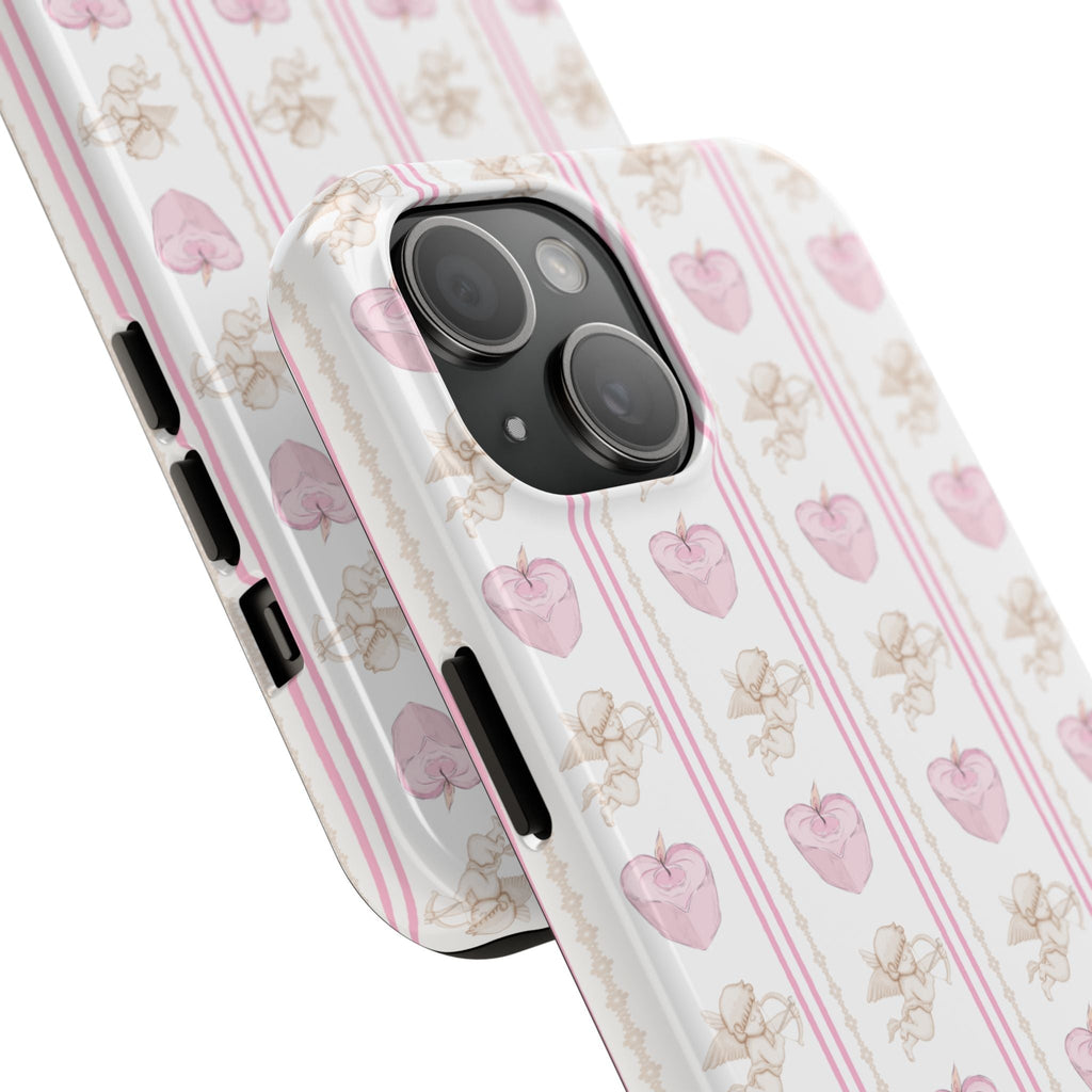 Heart and Cupid striped phone case, pink hearts and cherub motifs with camera cutouts visible