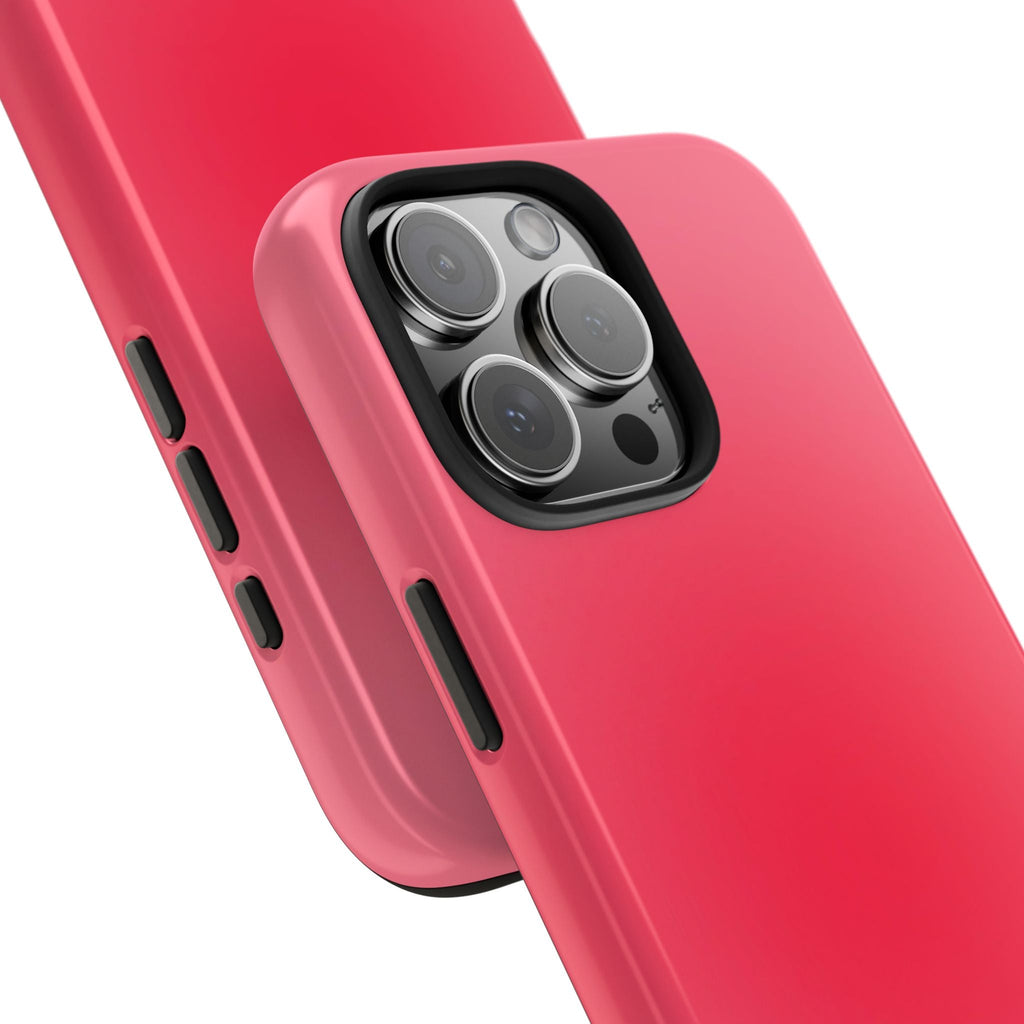 Red/pink phone case corner and side buttons with triple-lens cutout