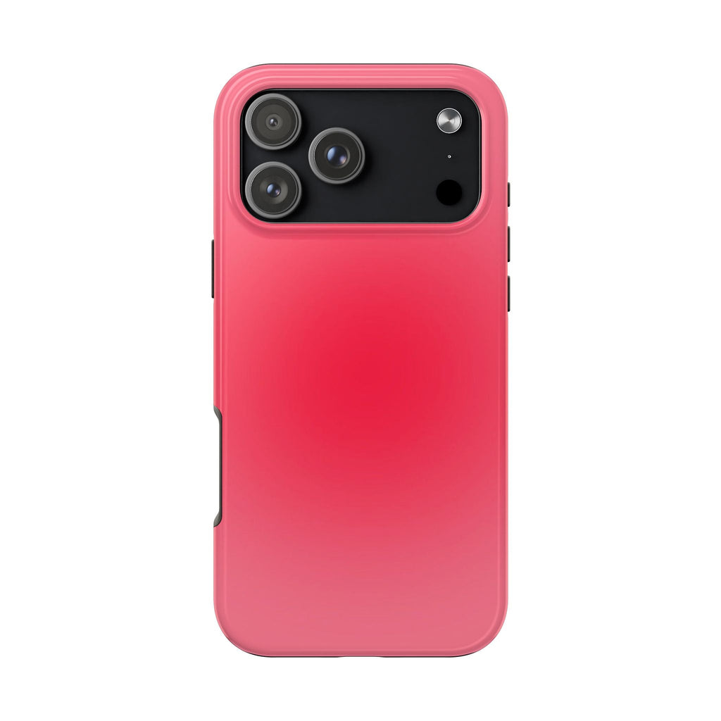 Red/pink phone case with black camera panel and protective lens rims