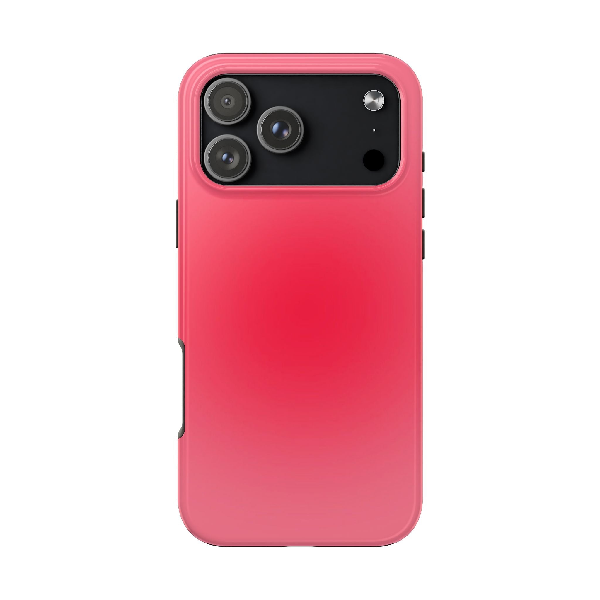 Red/pink phone case with black camera panel and protective lens rims