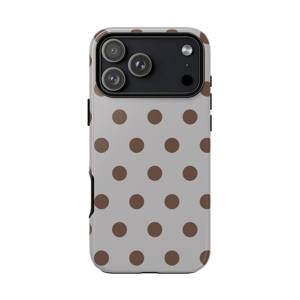 Heather gray polka dot phone case showing dual camera module